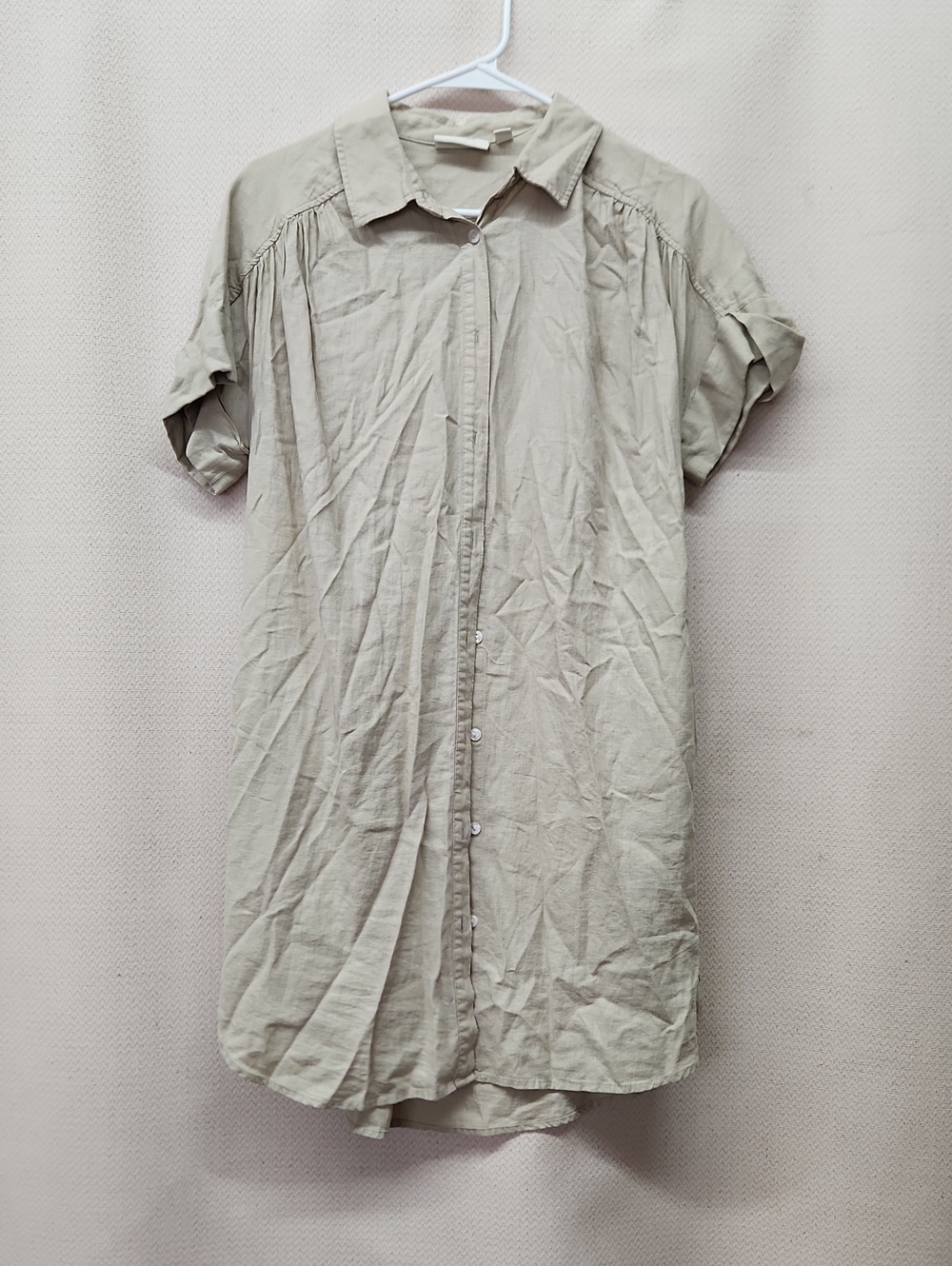 Casual Short-Sleeve Midi Shirt Dress — Cream